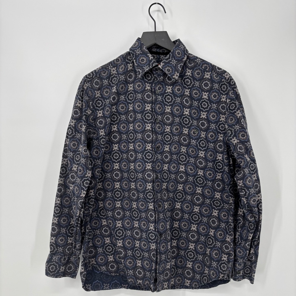 Joshua Tree Mens Geometric Print Button Down Shirt Medium Navy Blue Cotton Boho‎